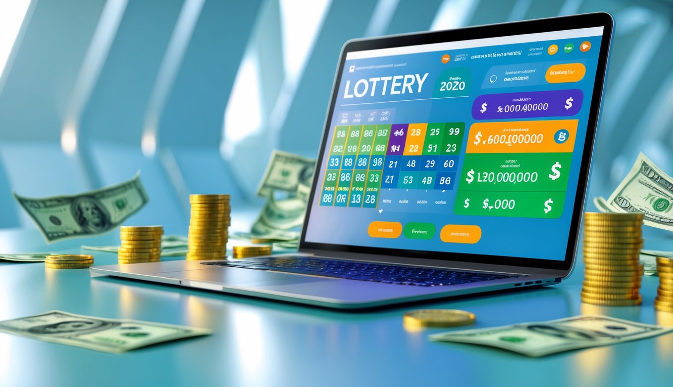 Sebuah laptop atau smartphone menampilkan antarmuka lotere online dengan simbol uang dan hadiah di latar belakang futuristik.