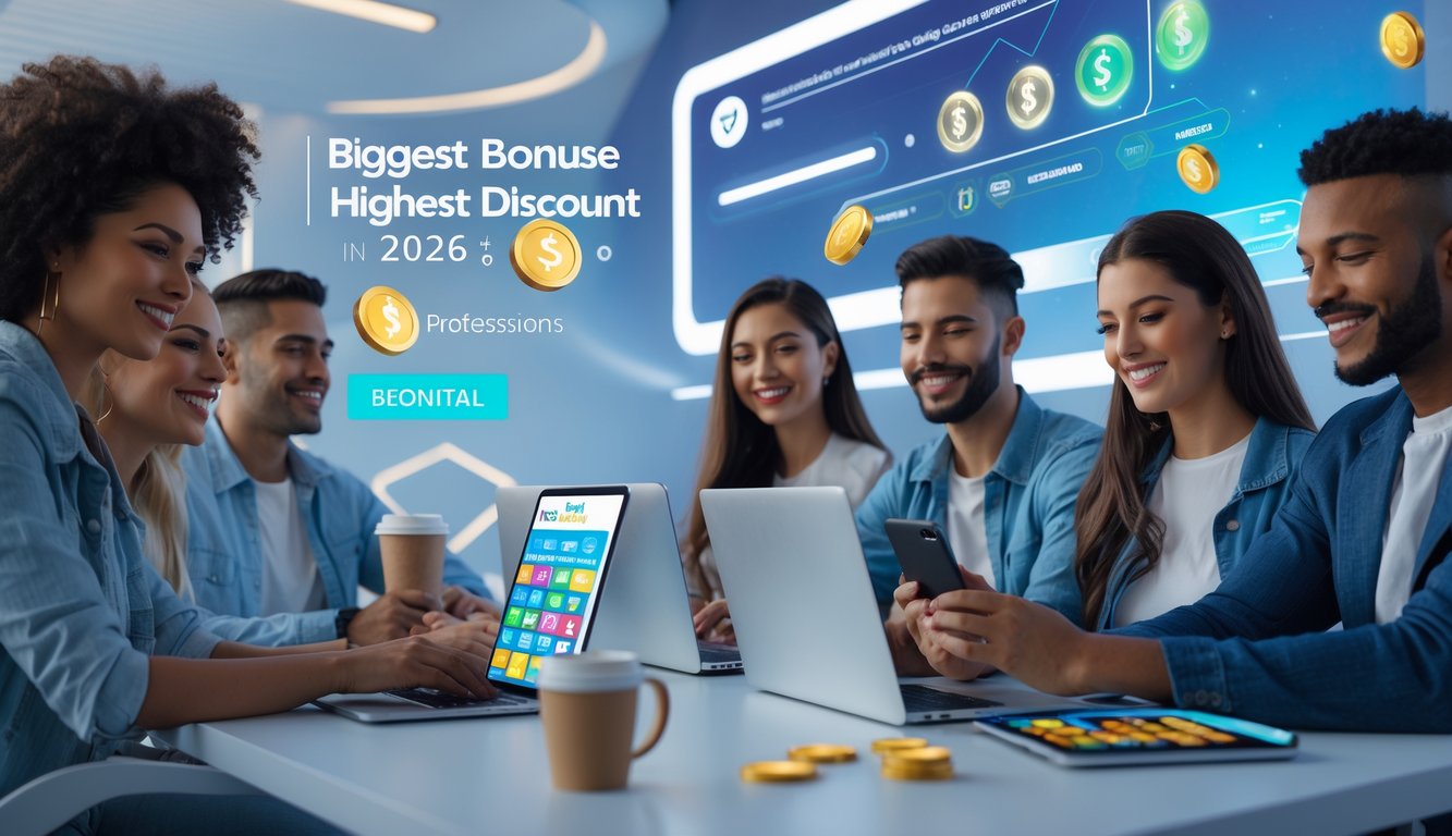 Sekelompok orang muda menggunakan laptop dan ponsel dengan antarmuka lotre digital di ruang kerja modern yang cerah.