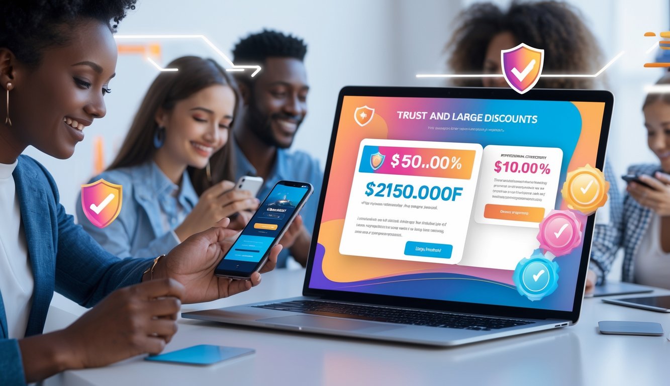 Orang-orang menggunakan laptop dan ponsel di meja kerja modern dengan elemen visual yang menunjukkan konsep lotere online yang terpercaya dan diskon besar.