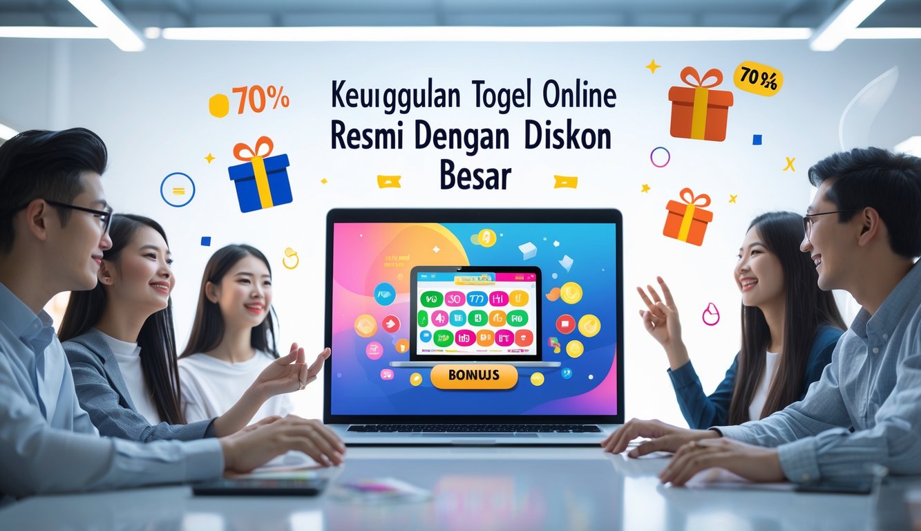 Orang-orang muda menggunakan laptop dengan antarmuka togel online dan simbol diskon serta bonus di sekitarnya.