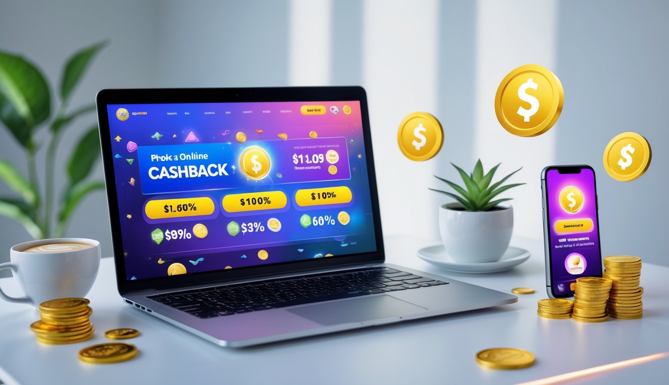 Sebuah meja kerja modern dengan laptop yang menampilkan antarmuka situs togel online, dikelilingi oleh simbol koin emas dan tanda diskon, serta smartphone dan tanaman kecil di sampingnya.