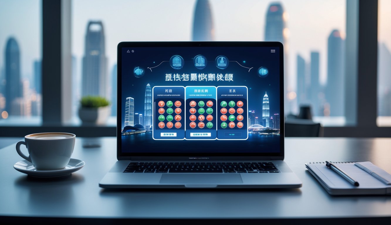 Sebuah ruang kerja modern dengan laptop menampilkan antarmuka lotere digital dan latar belakang yang menampilkan ikon kota dari Macau, Singapura, dan Hongkong.
