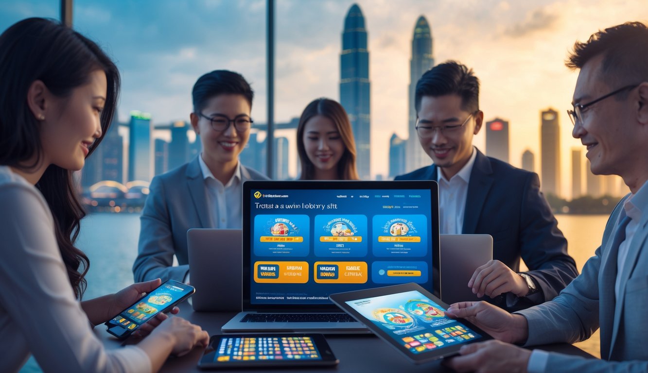 Beberapa orang menggunakan perangkat digital untuk bermain togel online dengan latar belakang kota-kota terkenal seperti Macau, Singapura, dan Hongkong.