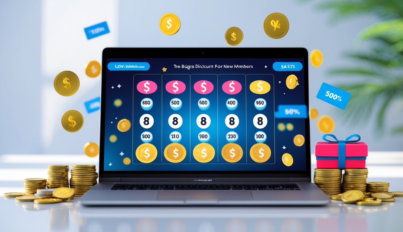 Seorang pengguna sedang melihat situs togel online di laptop dengan simbol koin dan hadiah di sekitar perangkat.