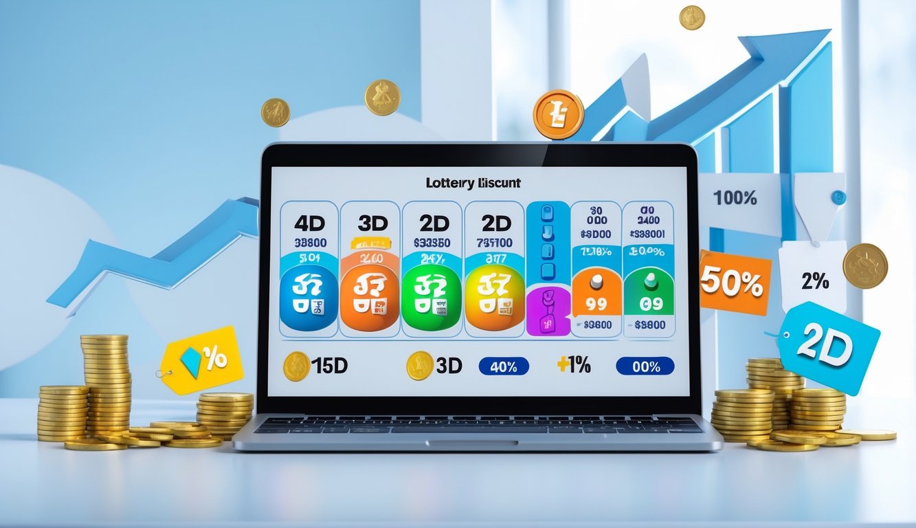 Seseorang menggunakan perangkat digital yang menampilkan angka lotere dan simbol diskon serta pembayaran tinggi.