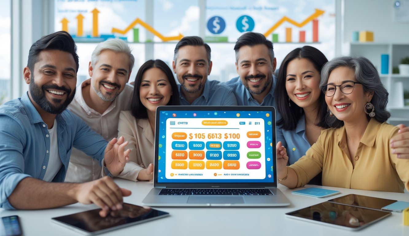 Sekelompok orang dewasa tersenyum mengelilingi laptop yang menampilkan antarmuka lotere online di sebuah kantor modern.