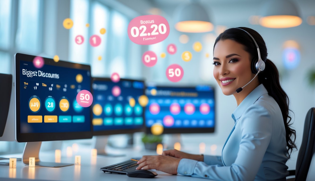 Seorang agen layanan pelanggan duduk di depan komputer dengan beberapa layar menampilkan angka lotre dan grafik, di ruang kantor modern yang terang dan rapi.