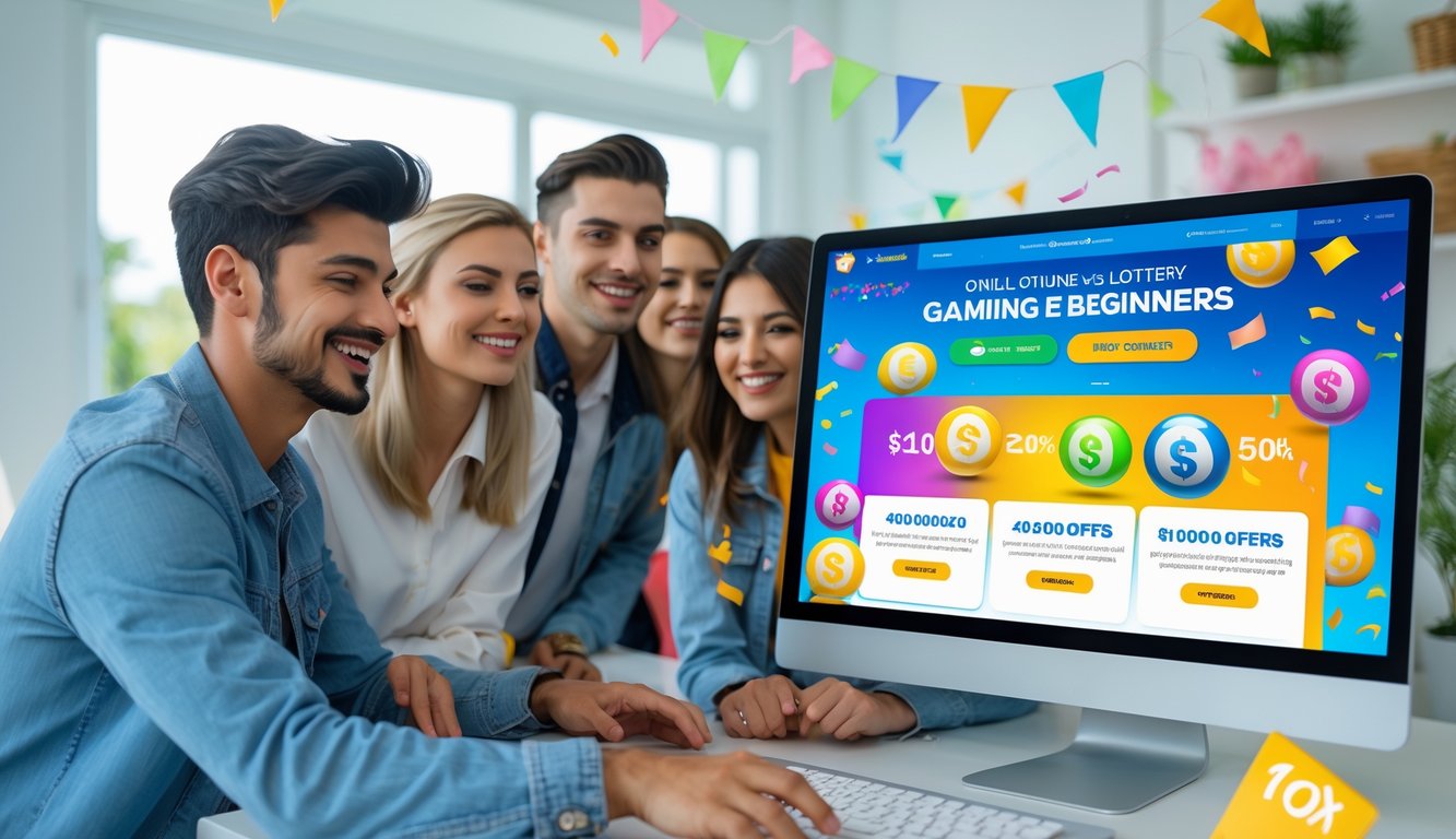 Sekelompok orang muda sedang menggunakan komputer dengan layar menampilkan situs togel online yang menarik dan penuh warna, di ruang yang terang dan nyaman.