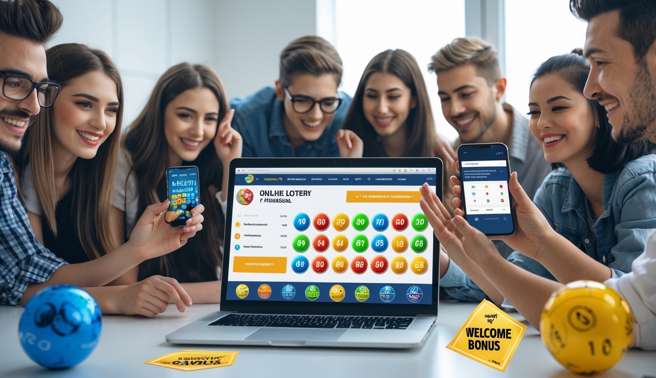 Beberapa orang muda berkumpul di sekitar laptop yang menampilkan situs togel online resmi dengan suasana cerah dan ramah.