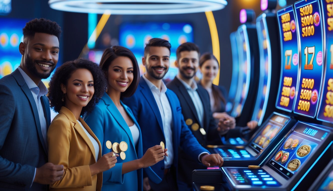 Orang-orang sedang bermain mesin slot digital di lingkungan kasino modern dengan suasana cerah dan teknologi tinggi.