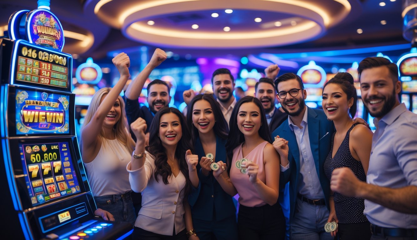 Sekelompok orang beragam merayakan kemenangan besar di dalam kasino modern dengan mesin slot menyala dan suasana yang meriah.