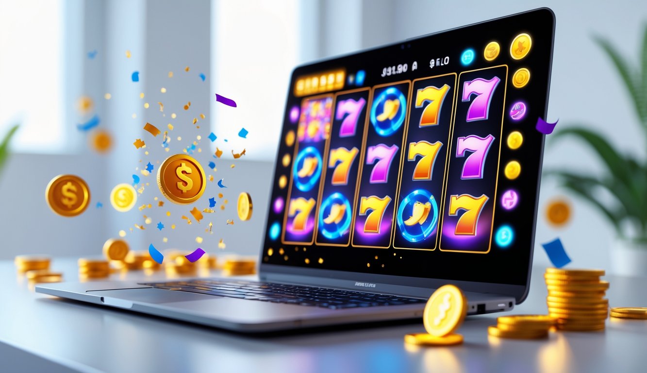 Seorang pengguna sedang bermain game slot online di komputer dengan simbol kemenangan dan koin yang bersinar di layar.