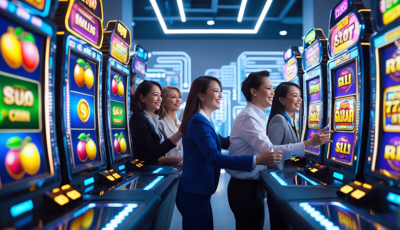 Sekelompok orang sedang bermain mesin slot digital di ruang modern dengan layar warna-warni dan suasana yang ceria.