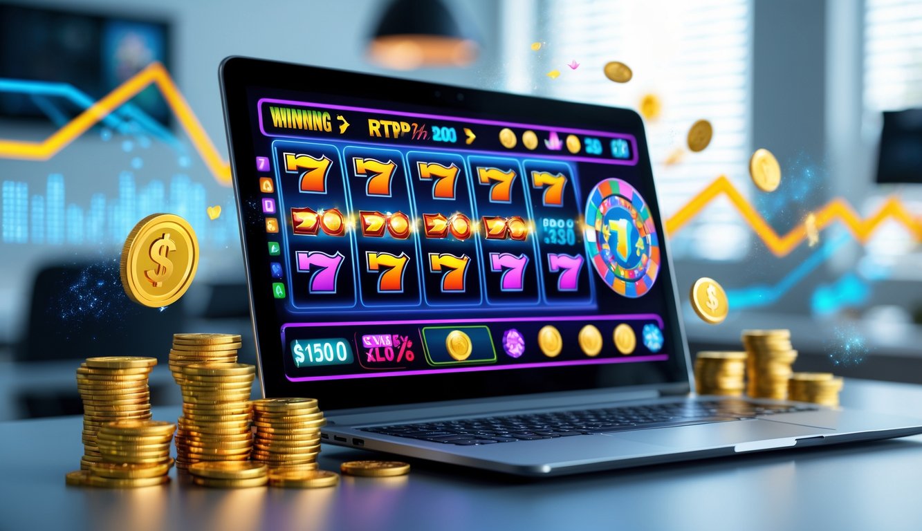 Sebuah komputer menampilkan permainan slot online dengan simbol jackpot dan koin berkilau di meja kerja modern.