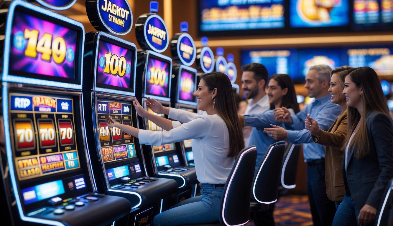 Orang-orang bermain mesin slot di kasino dengan suasana penuh semangat dan layar mesin yang berwarna-warni.