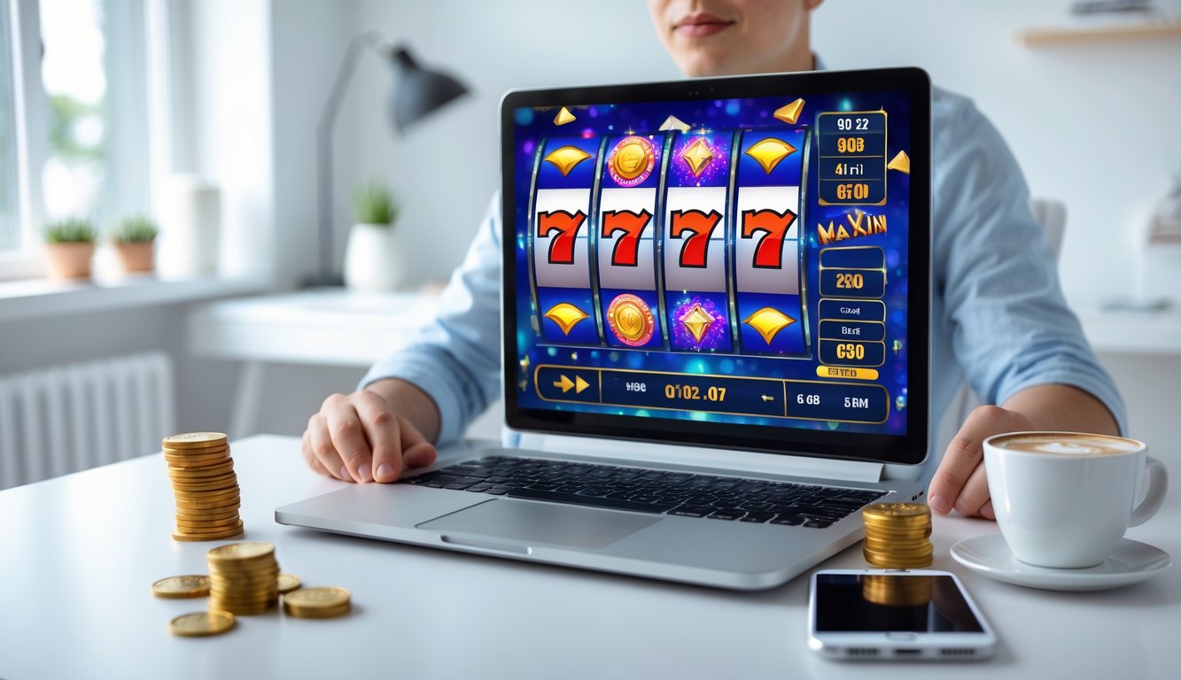 Seseorang muda duduk di meja dengan laptop yang menampilkan permainan slot online, di sekitar meja terdapat koin dan ponsel, suasana terang dan nyaman di ruang kerja rumah.