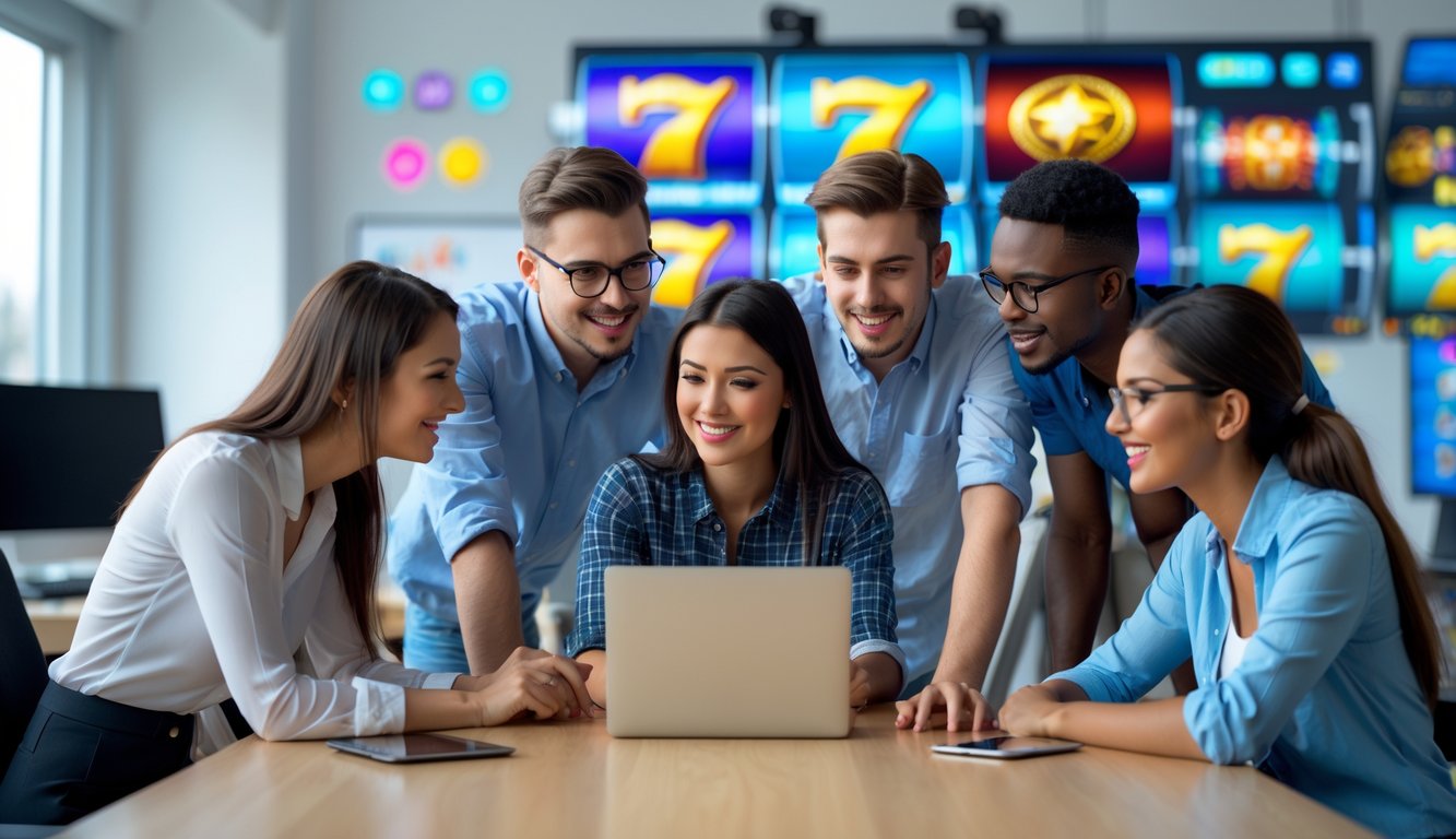 Sekelompok orang muda sedang berdiskusi di kantor modern dengan laptop dan tablet, latar belakang menunjukkan elemen permainan slot digital.