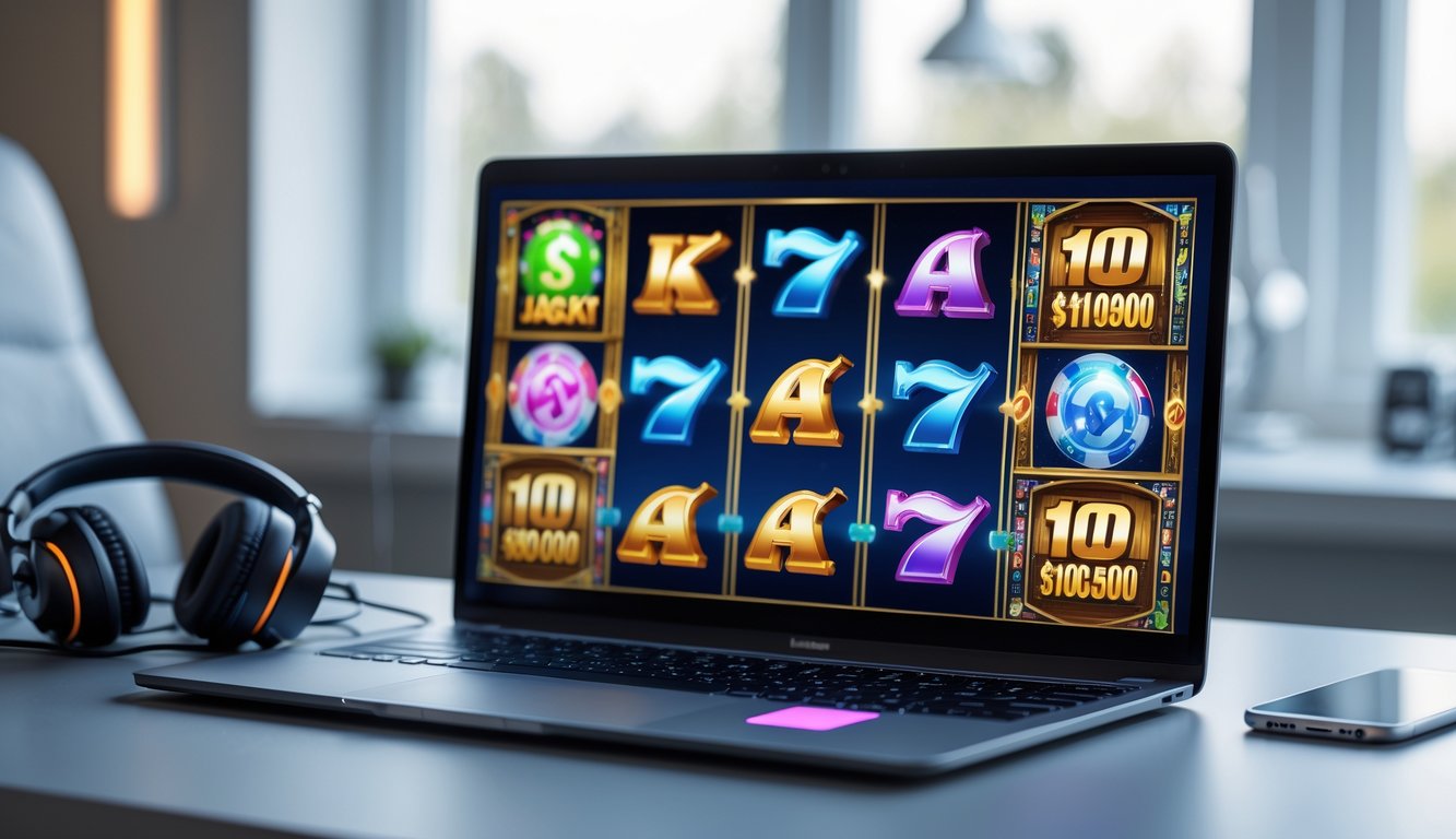 Seseorang menggunakan laptop dengan permainan slot online berwarna-warni di layar di ruang kerja rumah yang nyaman.