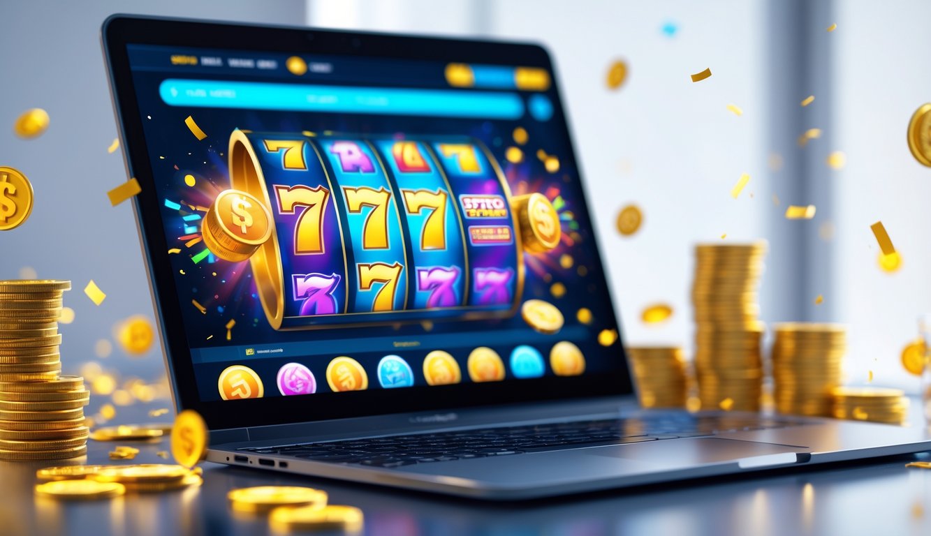 Sebuah komputer menampilkan permainan slot online dengan simbol jackpot dan koin yang bersinar di sekitarnya.