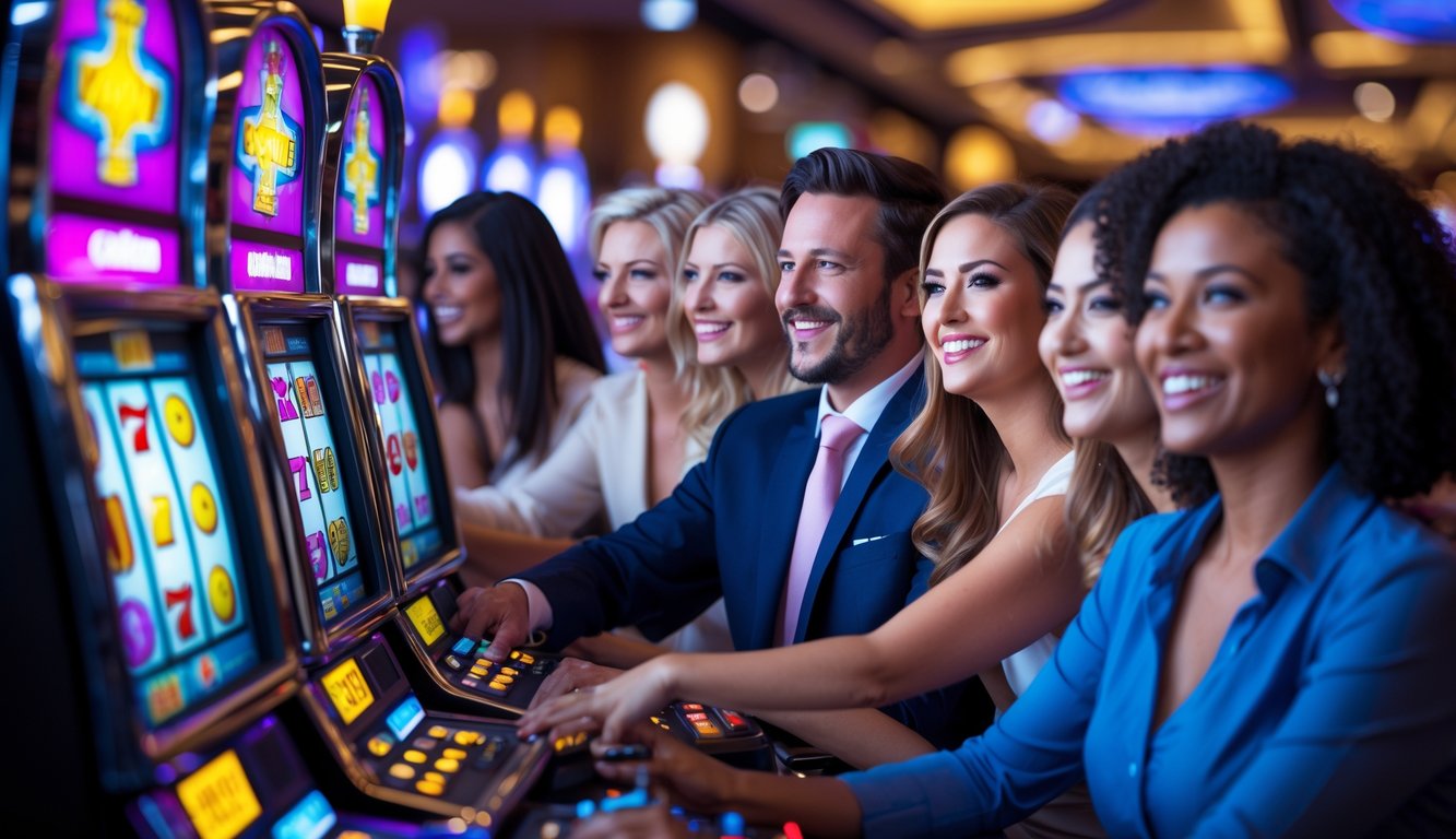 Beberapa orang sedang bermain mesin slot di dalam kasino dengan suasana ceria dan penuh semangat.