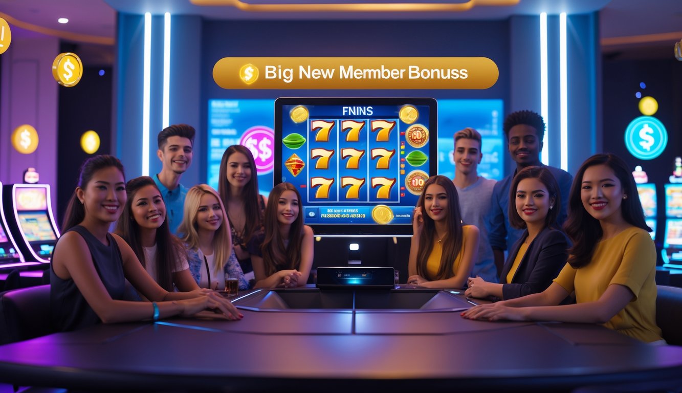 Sekelompok orang muda sedang bermain mesin slot digital di ruang modern dengan layar besar dan suasana cerah.