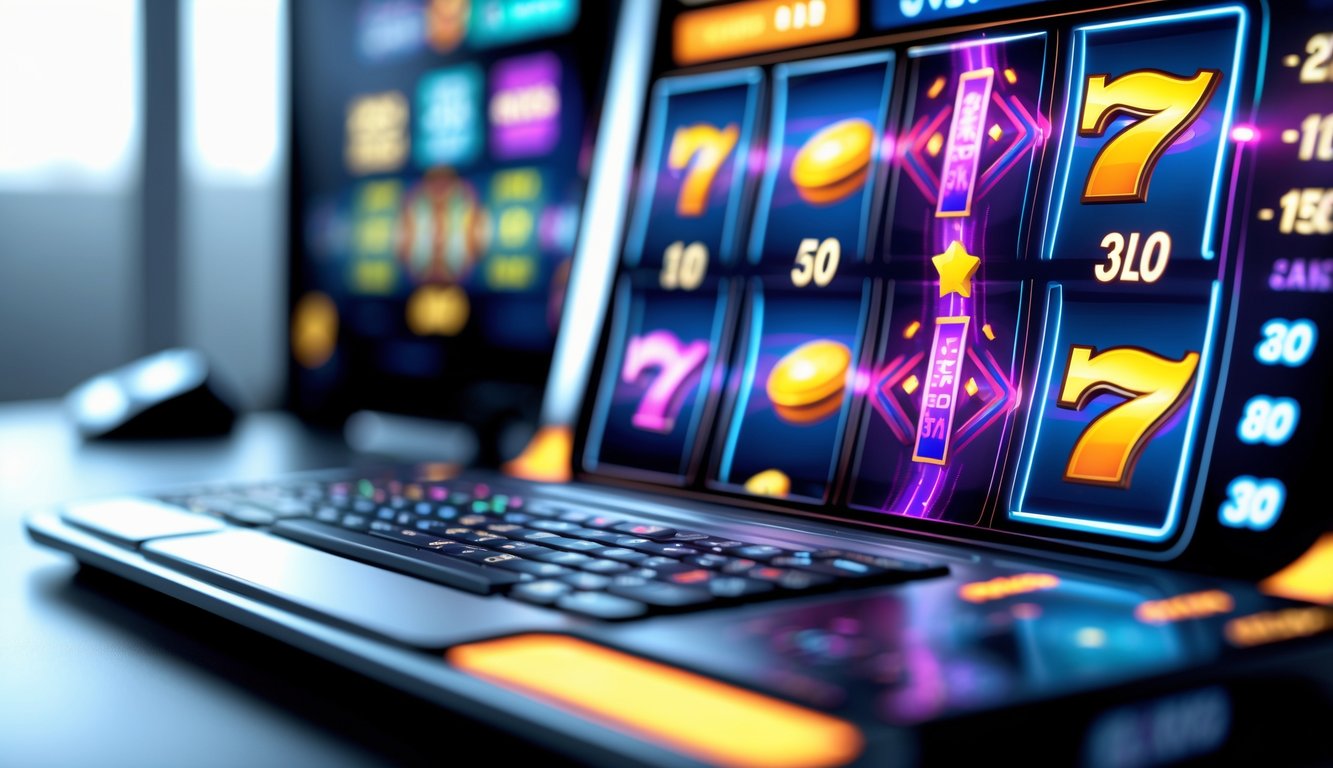 Layar perangkat menampilkan permainan mesin slot berwarna cerah dengan pola dan simbol kemenangan terbaru, di lingkungan teknologi modern.