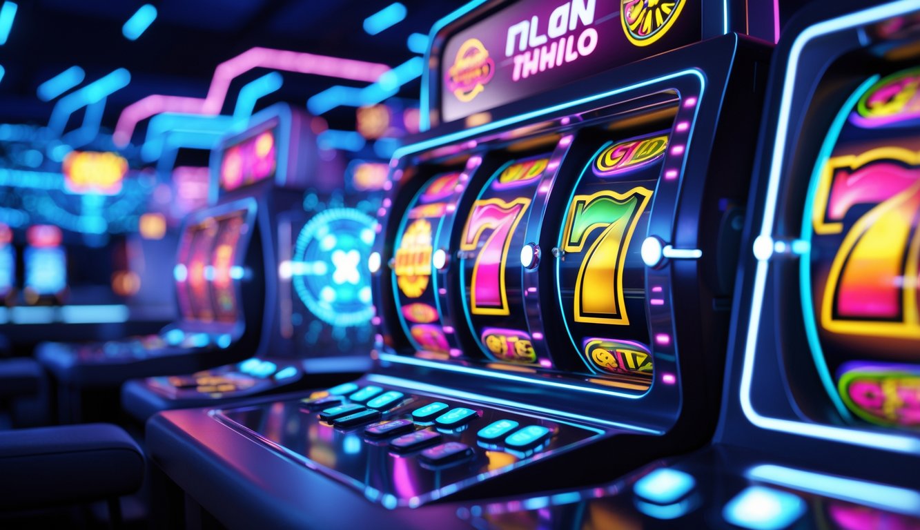Layar komputer menampilkan mesin slot digital dengan simbol berwarna cerah dan latar belakang teknologi futuristik.