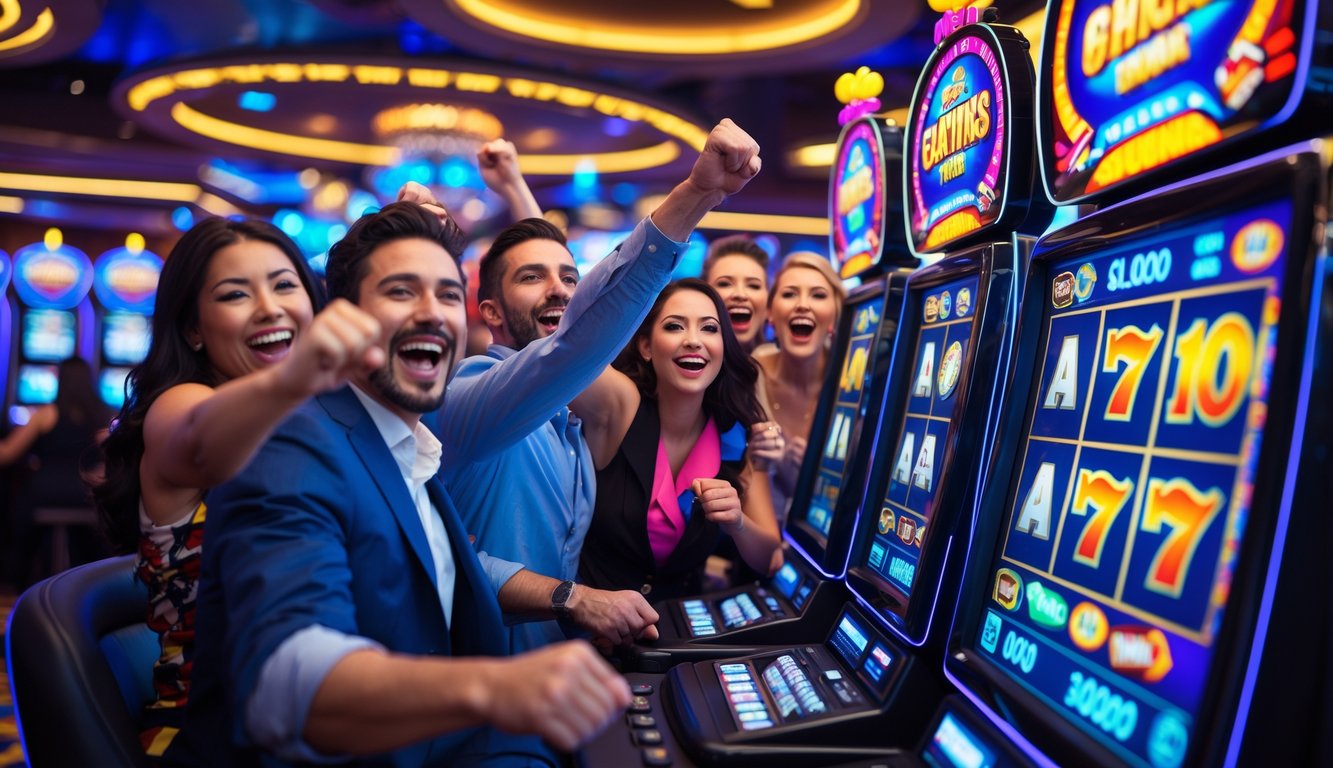 Sejumlah orang bermain mesin slot digital di kasino modern dengan suasana meriah dan layar menampilkan berbagai permainan slot populer.