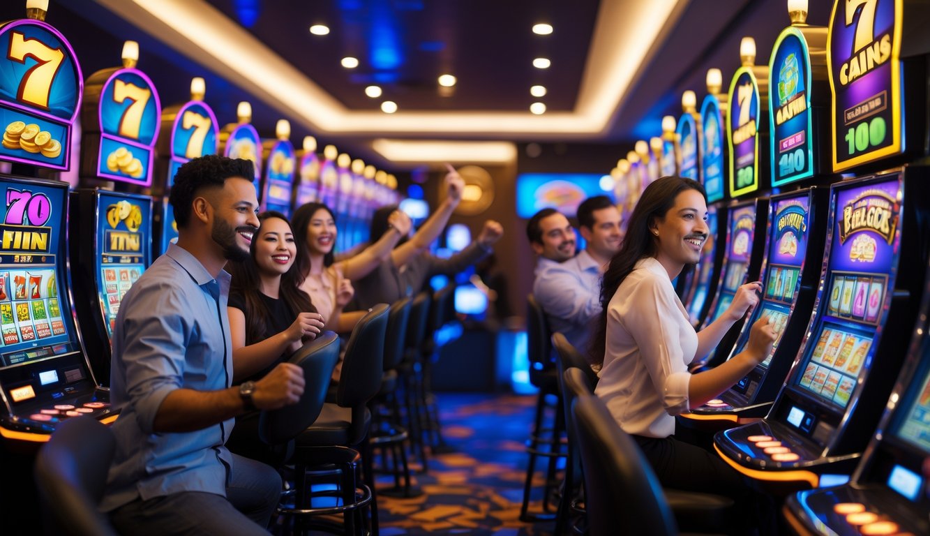 Beberapa orang bermain mesin slot di kasino dengan suasana ceria dan mesin slot berwarna-warni yang menampilkan simbol jackpot.