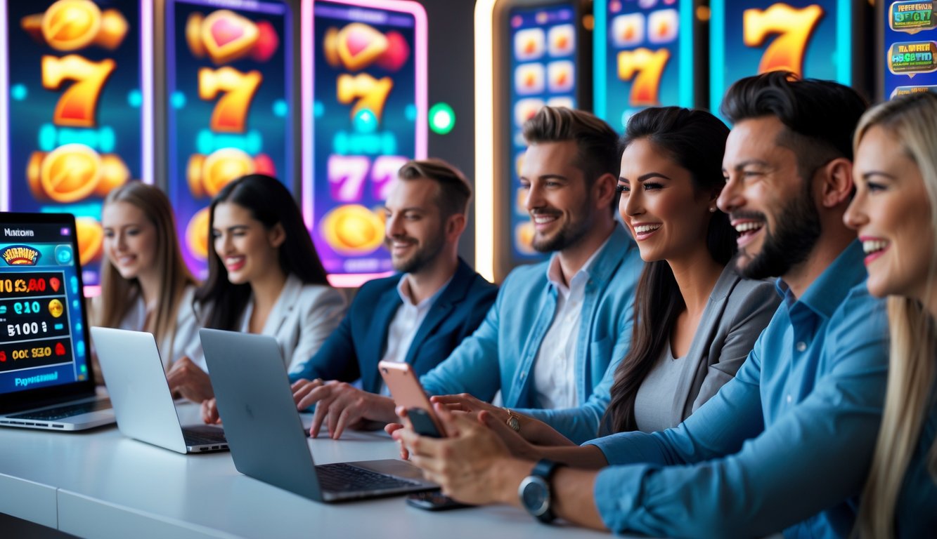 Beberapa orang sedang bermain game slot online dengan perangkat digital di ruangan yang terang dan modern.