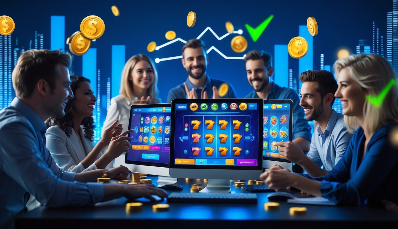 Beberapa orang sedang bermain game slot online di komputer dan ponsel dengan suasana ceria dan penuh semangat.