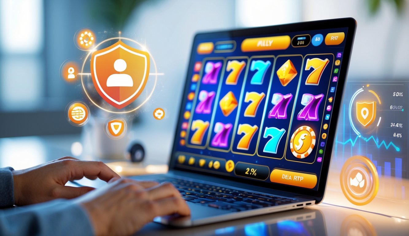 Layar komputer menampilkan permainan slot dengan simbol warna-warni dan ikon jackpot di lingkungan kerja modern.