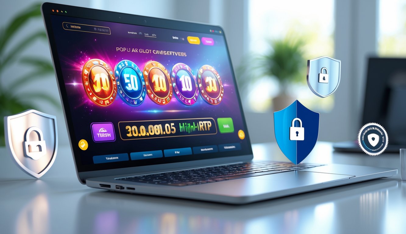 Sebuah komputer menampilkan permainan slot online dengan simbol warna-warni dan ikon keamanan di sekitarnya di dalam ruangan yang terang dan rapi.