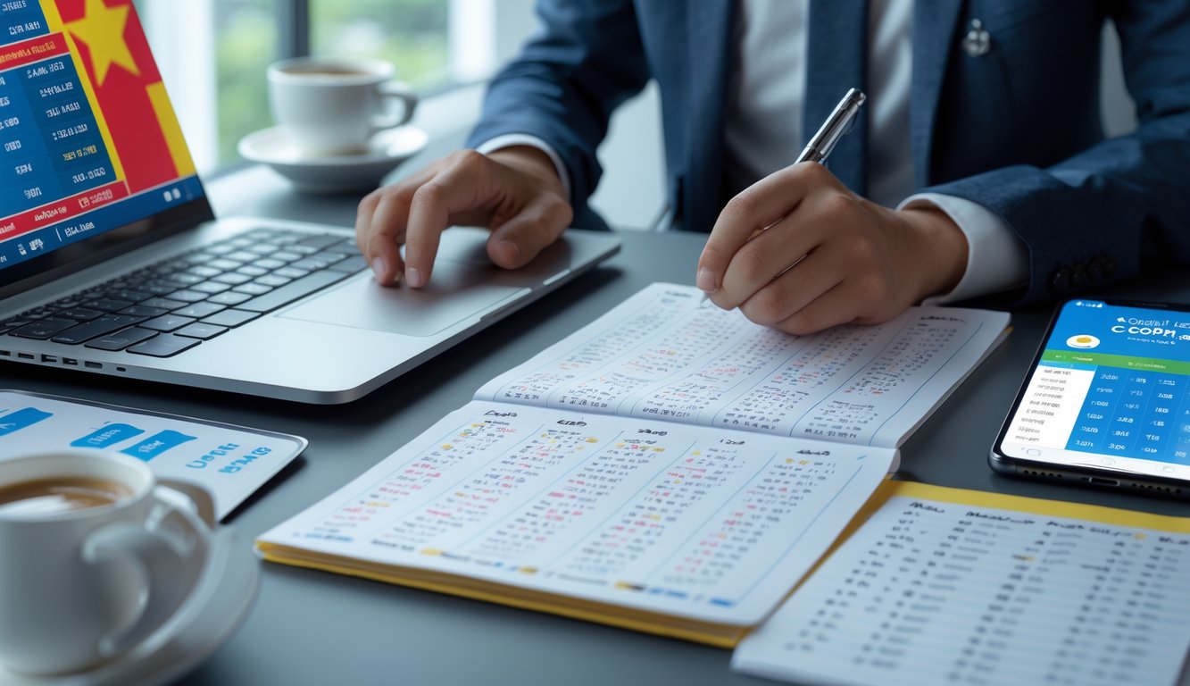 Meja kerja modern dengan laptop menampilkan grafik dan angka prediksi togel, tangan seseorang sedang mencatat data di buku catatan.