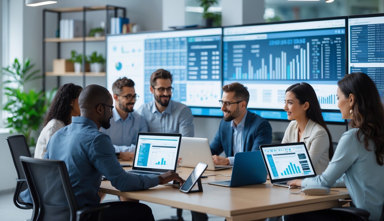 Sekelompok orang bekerja bersama di kantor modern dengan perangkat digital dan grafik angka di layar, fokus pada analisis data dan prediksi.