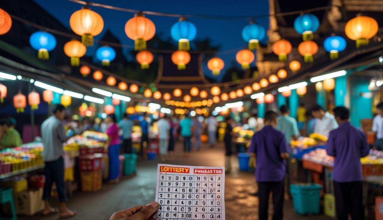 Pasar malam di Kamboja dengan lampu warna-warni dan orang-orang yang sedang berinteraksi, menampilkan suasana ramai dan hangat.
