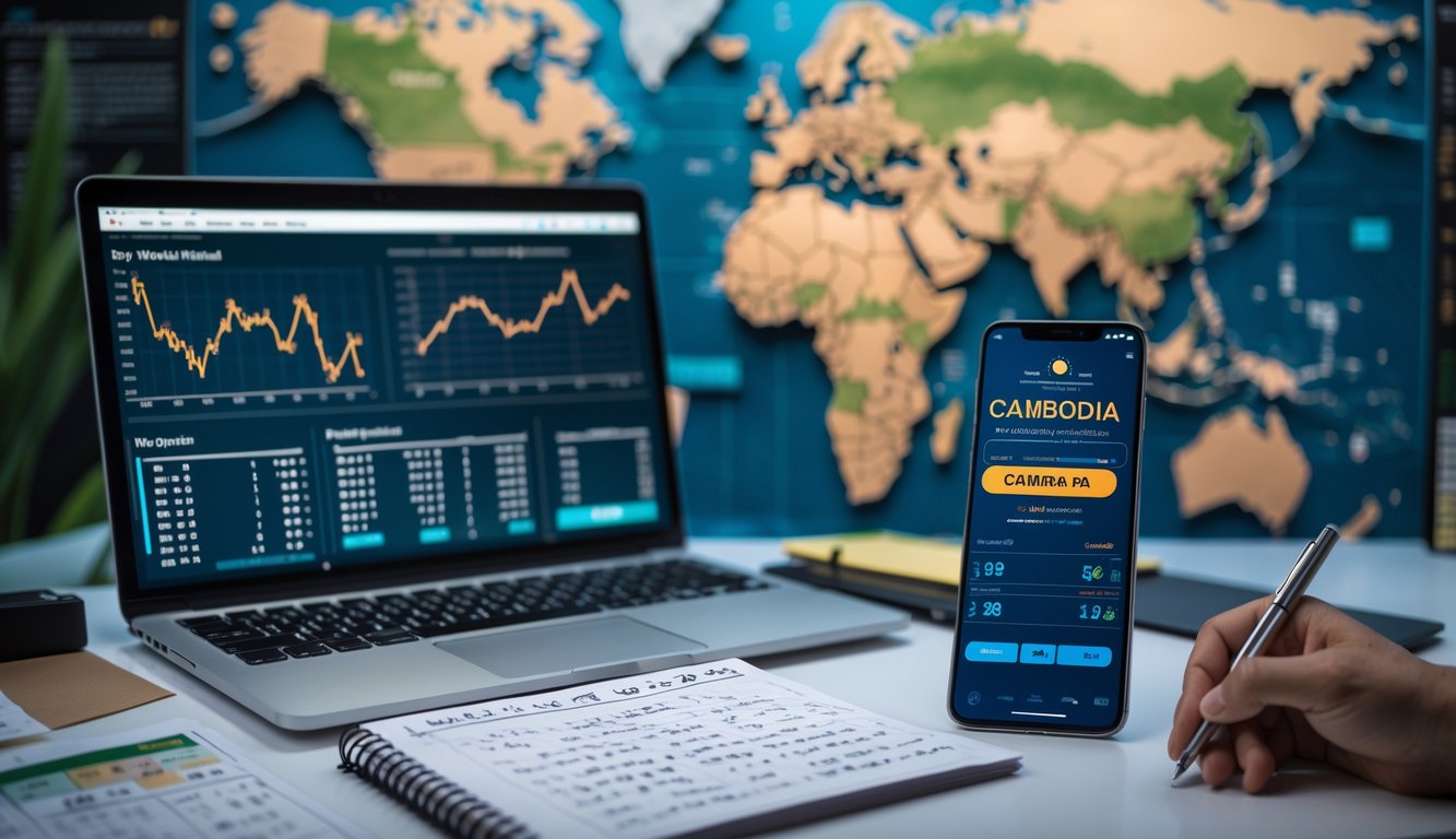 Meja kerja dengan laptop, catatan, dan ponsel yang menampilkan data dan angka terkait prediksi togel Cambodia.