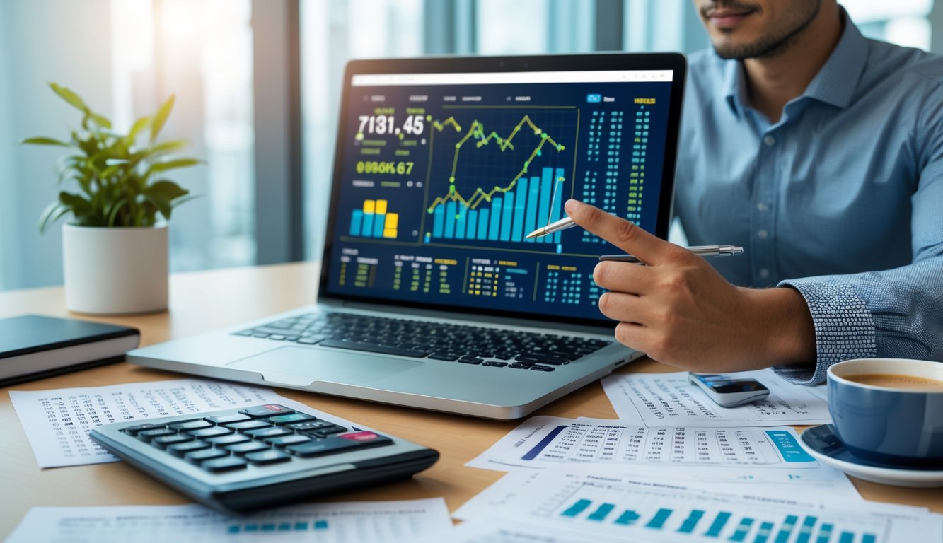 Seorang profesional sedang menganalisis data angka togel di ruang kerja yang rapi dengan laptop, kalkulator, dan kertas berisi angka.