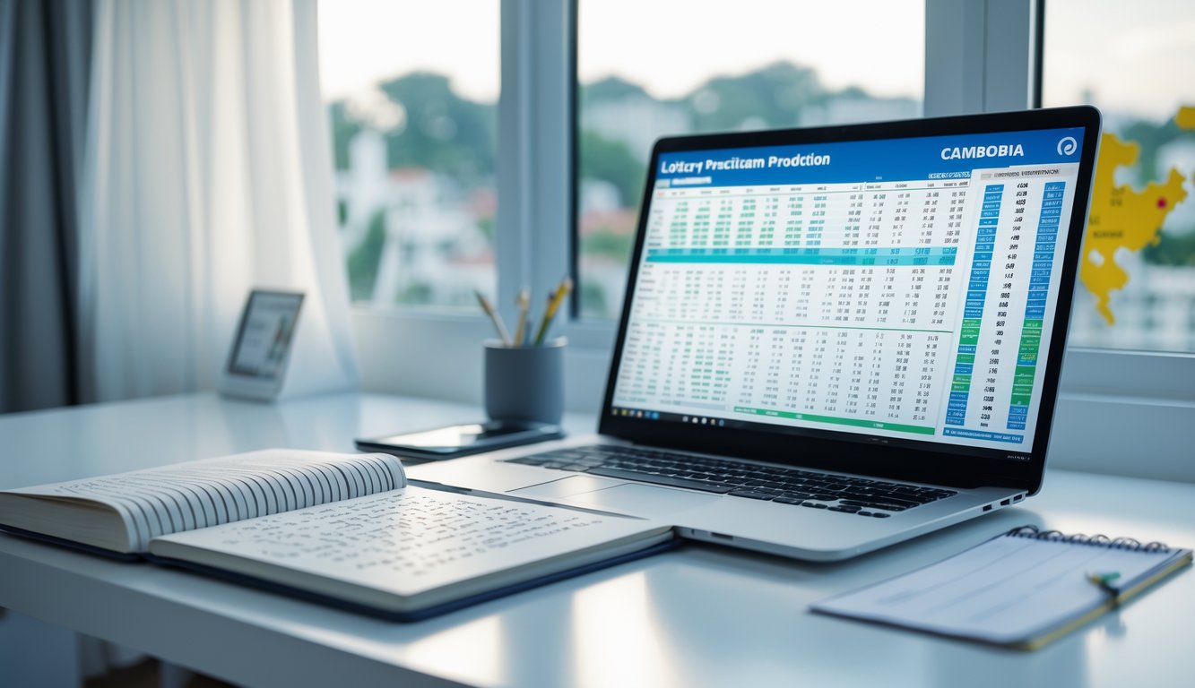 Meja kerja dengan laptop yang menampilkan grafik angka dan catatan tulisan tangan, dengan cahaya alami yang masuk dari jendela, menunjukkan suasana analisis prediksi togel.