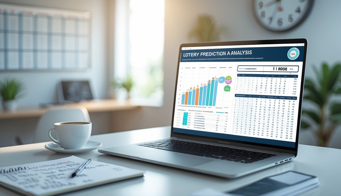 Meja kerja dengan laptop menampilkan grafik dan angka, notepad dengan catatan, serta secangkir kopi di ruang kerja yang terang.