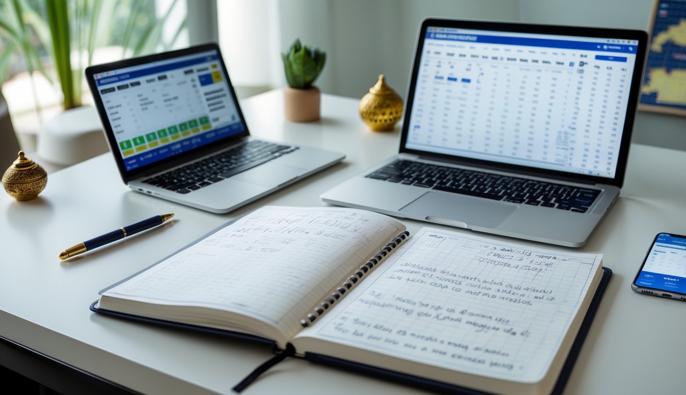 Meja kerja dengan laptop, buku catatan, dan ponsel yang menampilkan prediksi angka togel, dengan hiasan kecil khas Kamboja di latar belakang.