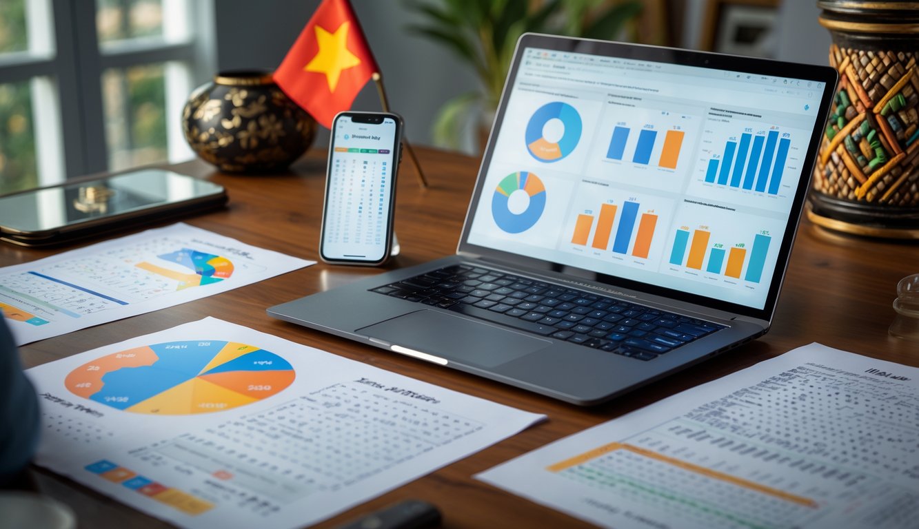 Meja kerja dengan laptop, ponsel, dan kertas berisi data angka yang rapi, menunjukkan suasana analisis dan prediksi angka togel Cambodia.