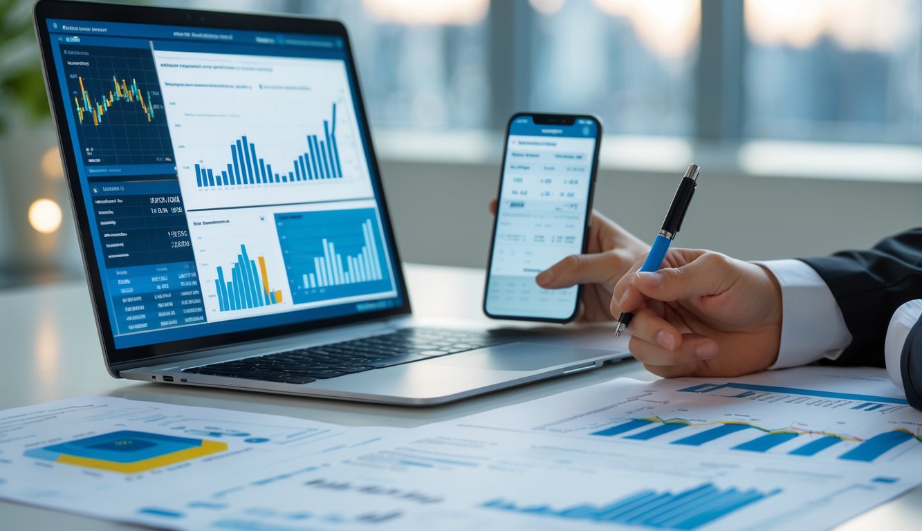 Meja kerja dengan laptop, smartphone, dan kertas berisi data dan grafik, seseorang sedang menganalisis angka.