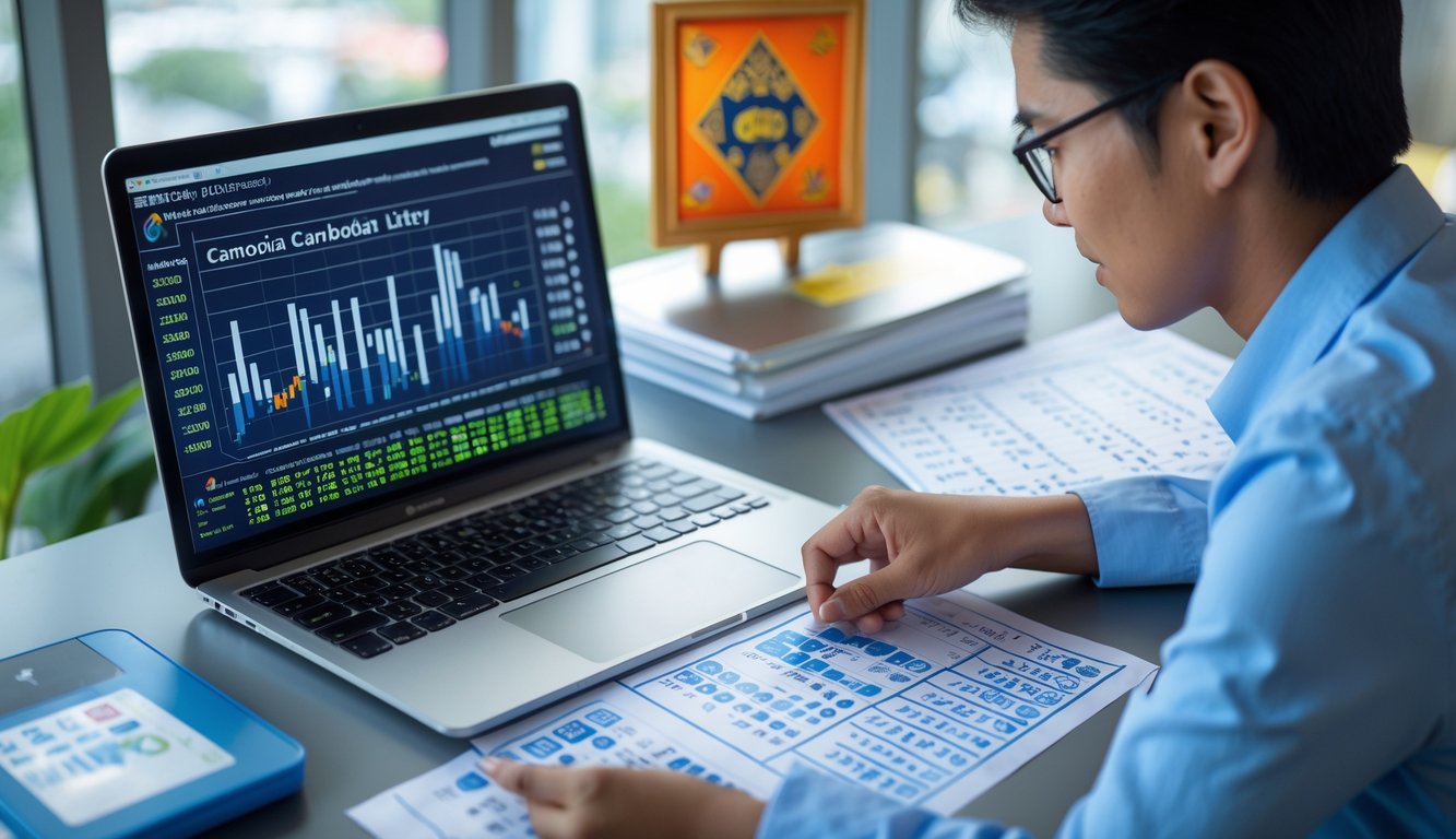 Seorang pria sedang menganalisis data angka pada layar laptop dan lembaran kertas di meja kerja dengan latar belakang dekorasi khas Kamboja.