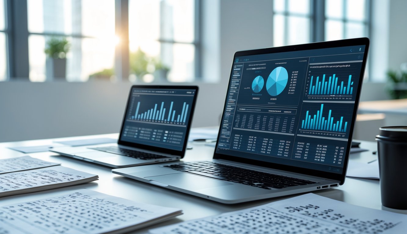 Meja kerja dengan laptop menampilkan grafik dan angka, notepad dengan catatan angka, dan ponsel menampilkan data statistik di ruang kantor terang.
