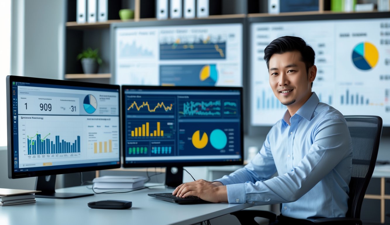 Seorang analis data Asia duduk di meja kantor dengan beberapa monitor menampilkan grafik dan angka, fokus pada analisis prediksi lotere.