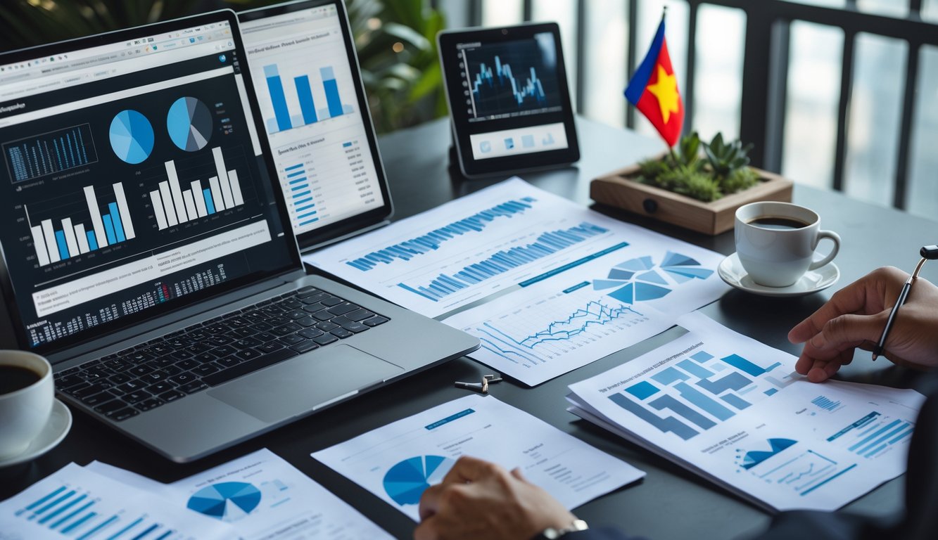 Meja kerja modern dengan laptop, tablet, dan smartphone yang menampilkan grafik dan data angka, dengan suasana fokus dan profesional.
