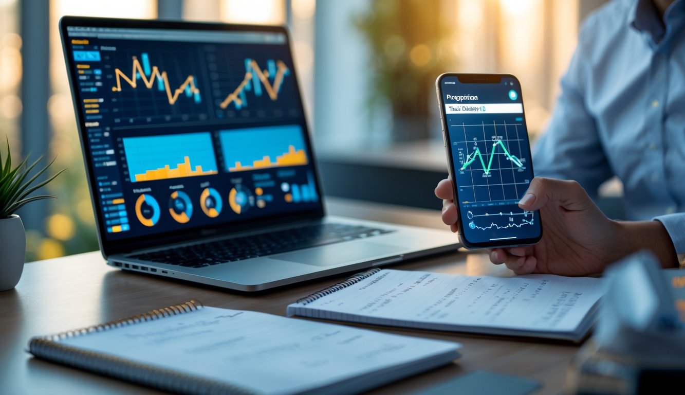Meja kerja modern dengan laptop, catatan, dan ponsel yang menampilkan grafik dan angka untuk prediksi.
