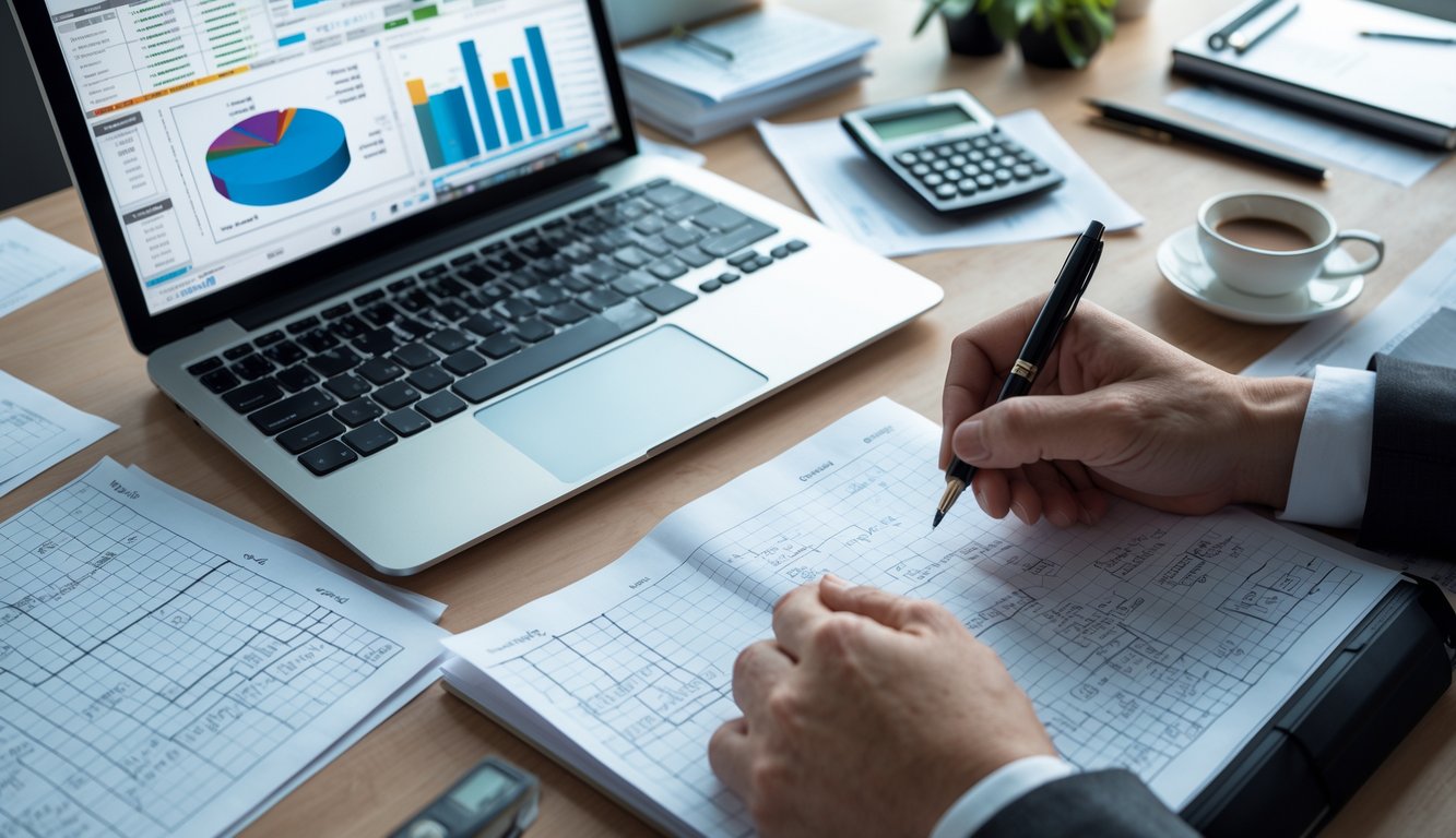 Meja kerja modern dengan laptop menampilkan grafik dan angka, tangan memegang pena di atas catatan berisi rumus dan perhitungan.