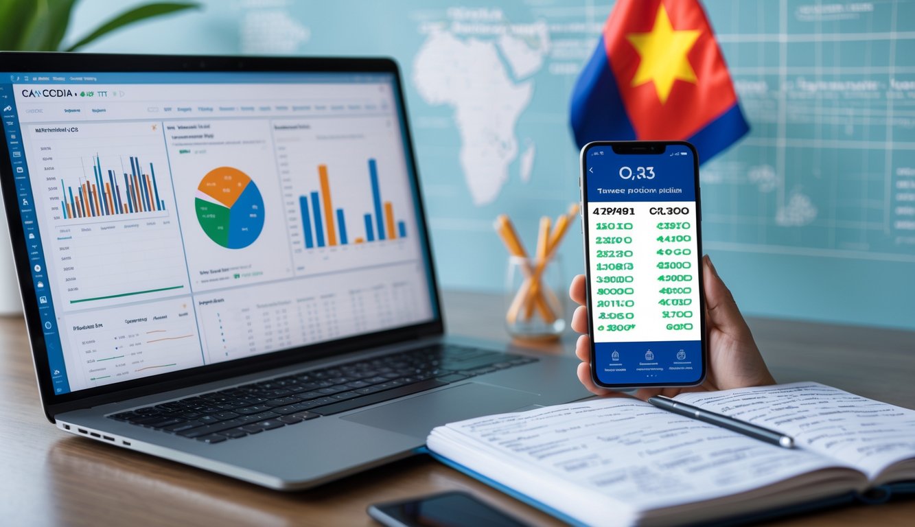 Meja kerja modern dengan laptop yang menampilkan grafik dan data, buku catatan dengan rumus, dan ponsel yang menunjukkan aplikasi prediksi angka, dengan bendera kecil Kamboja di latar belakang.